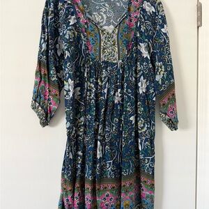 Boho Navy Floral Mini Dress with Pink Border